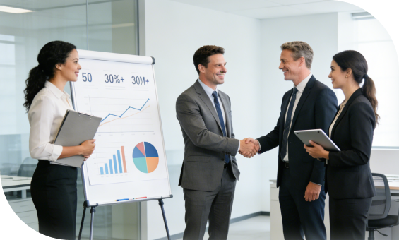 Business professionals shaking hands in an office, with a presentation chart and graphs in the background.