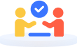 Two stylized figures in yellow and red shaking hands over a round table with a blue checkmark above.