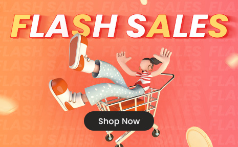 A cartoon character joyfully sitting in a shopping cart with a vibrant background and FLASH SALES text.