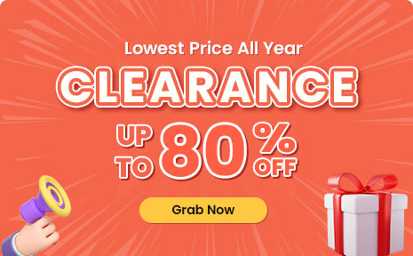 Clearance sale banner with text highlighting up to 80% off, featuring a gift box and a megaphone.