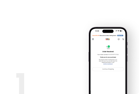 Mobile phone displaying an order confirmation screen with a thank you message and options for further actions.